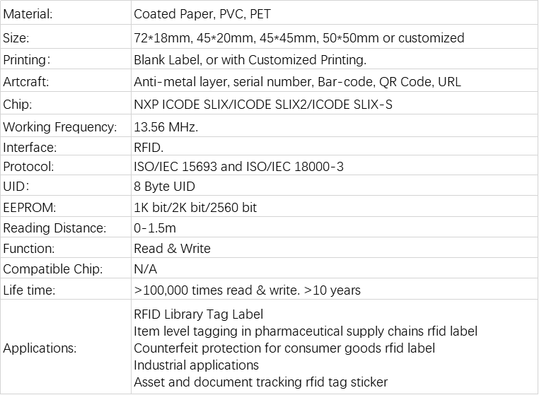 NXP ICODE SLIX ICODE SLIX2 ICODE SLIX-S RFID Library Tag Label