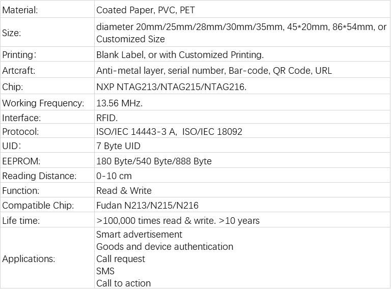 NXP Ntag213 Ntag215 Ntag216 NFC Label