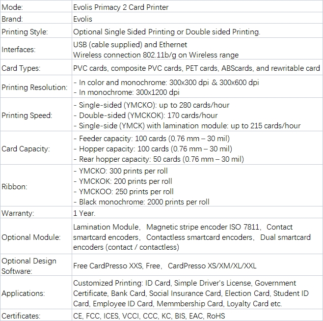 Evolis Primacy 2 Card PrinterProduct Details