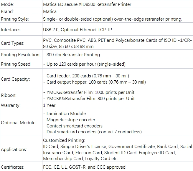 Matica XID8300 Retransfer Card Printer Product Details