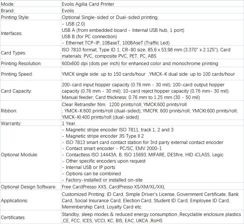 Evolis Agilia Card PrinterProduct Details